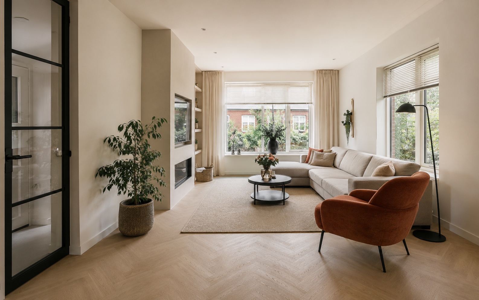 Rustig afgewerkte woonkamer, sfeerbeeld bij het werk van A.M. Vastgoed & Renovatie